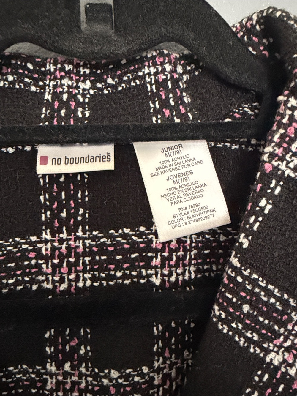 Vintage No Boundaries Plaid Tweed Blazer - Pink & Black Cropped Jacket Junior7/9 - Picture 2 of 7